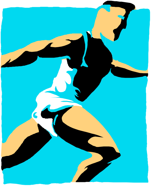 The image shows a black silhouette of an athlete running on what appears to be a blue track background with no additional details provided about other elements in the scene.