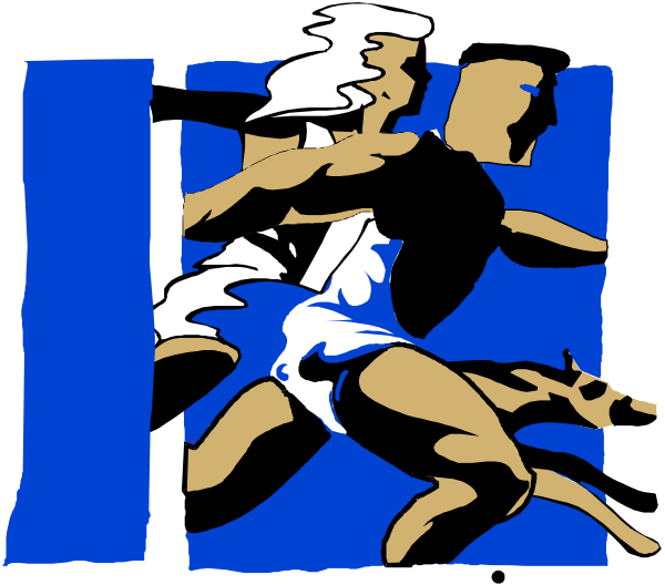 The image shows a black and white illustration of an athlete running through what appears to be a window with bars on it into another room where there is also a dog inside looking out at him.