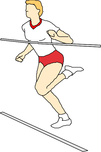 The black and white illustration shows a person running on an indoor track with their arms outstretched for balance while wearing shorts and shoes appropriate to athletic activity.