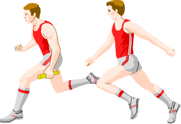 The image shows two male athletes running side by side on a track with their arms outstretched for balance; both wear red shorts and white shoes, one has short hair while the other is balding at top of head.