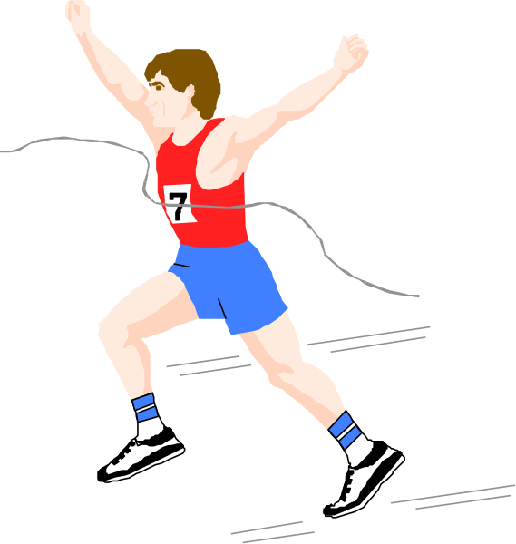 The image shows a cartoon of an athlete running on tracks with his arms raised high above him to celebrate victory; he is wearing shorts and sneakers typical for track events.