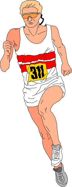 The image shows a man running with his arms outstretched on an athletic track; he is wearing sunglasses and has number 31 printed in red across him. He appears to be participating in some sort of race, as suggested by the background which includes what looks like spectators or other runners at various distances from the camera's perspective. The man seems focused on his performance during this event. There is no text present within the image itself that provides additional context about the setting or participants beyond their actions and attire.