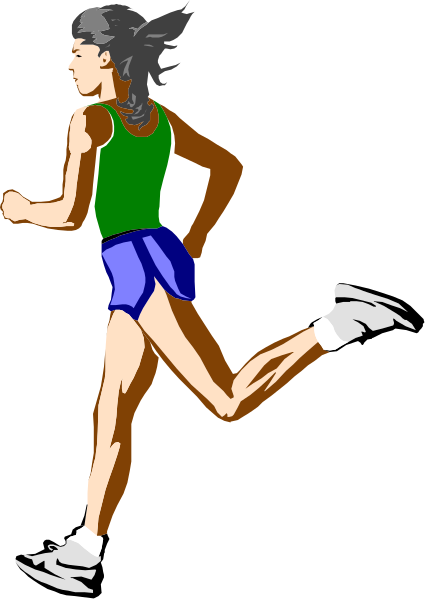 The image shows a runner with ponytail running on track wearing shorts and tank top, depicted as clip-art illustration in black and white tones against dark background.