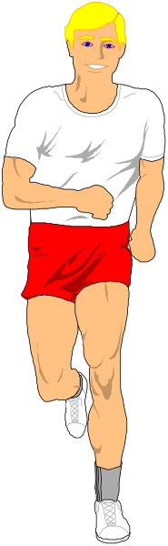 The image shows a man running with his arms outstretched against an abstract background that appears to be made up of geometric shapes in shades of gray and white.