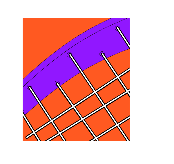 The image shows a red wire mesh with purple lines intersecting it against an orange background on the left side of the frame.