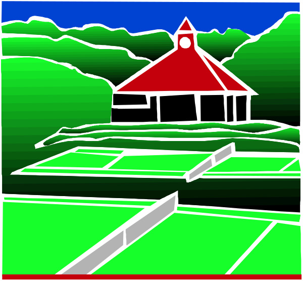 The image shows a split screen with two different scenes: on top, there is an illustration of a red building surrounded by green trees under what appears to be a blue sky; below it, another scene depicts a similar structure in front of which lies a grid-like pattern that could represent crops or fields.