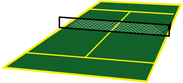 The image shows a simplistic representation of an indoor tennis court with white lines marking its boundaries on what appears to be a gray surface within a building structure outlined in yellow against a darker background.