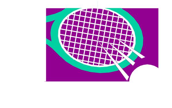 The image shows a purple tennis racket with strings on it against an orange background inside what appears to be a white box frame.