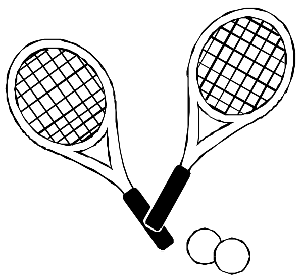 The black and white illustration shows three tennis rackets crossed over each other with a sports ball between them on top of what appears to be two balls at their base.