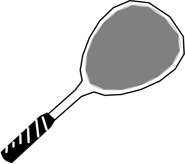 The black and white illustration shows a tennis racket with an oval shape on it against a dark background.