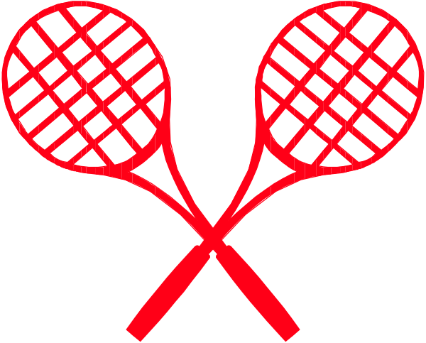 The image shows three tennis rackets crossed over each other with a red background.