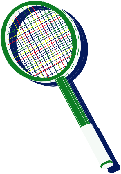 The image shows a tennis racket with an oversized handle leaning against something that is partially visible on its left side; there's no text present in this clip-art illustration.