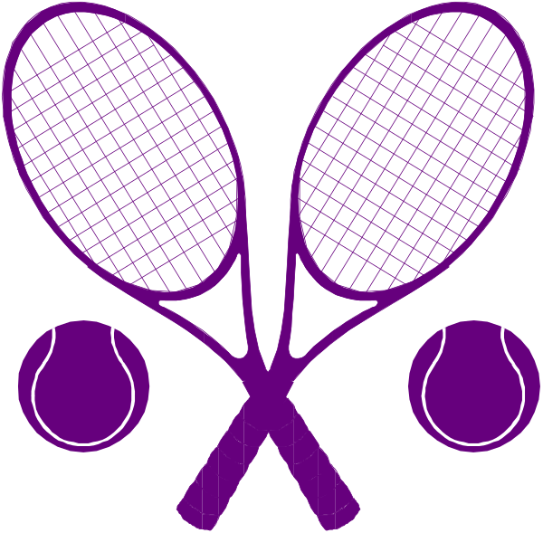The image shows a purple tennis racket with three balls next to it on either side against a black background.
