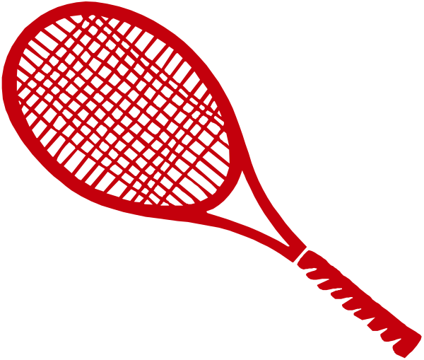 The image shows a red tennis racket with strings on it next to an open umbrella that is also colored red.