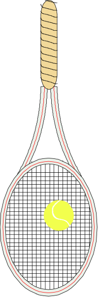 The image shows a tennis racket with two balls on it against a grey background.
