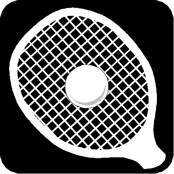 The black and white silhouette of a tennis racket with its strings visible against an unseen background.