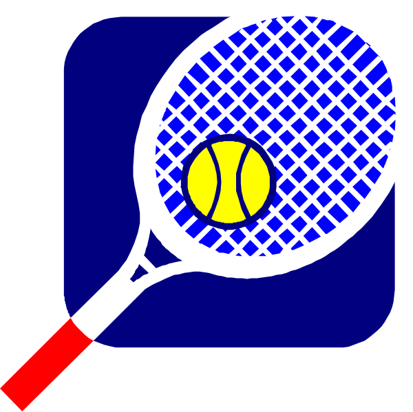 The image shows a stylized graphic of an iconic tennis racket with its strings forming a 'w' shape on top right corner against blue background; in center is yellow ball symbolizing tennis.