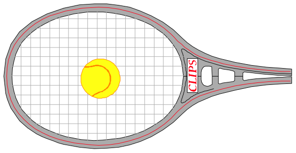 The image shows a tennis racket with two balls on it: an orange ball at its center and another yellow ball to the right of it.