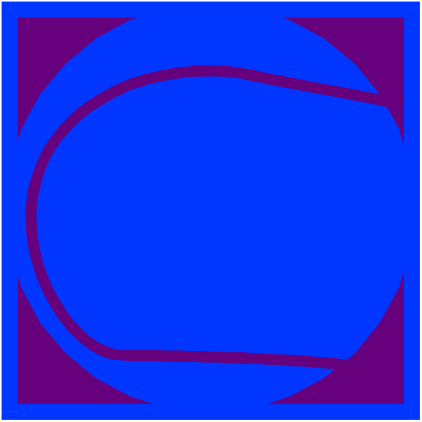 The image shows a blue circle with an abstract design inside it against a purple background on top of which there is another smaller red square containing two white lines forming a cross shape in its center.