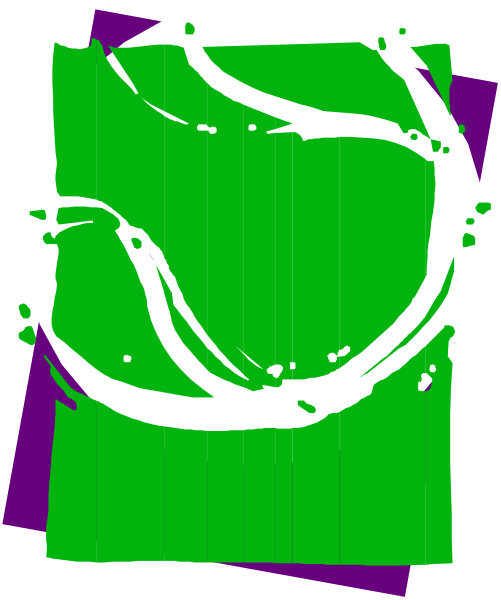The image shows a green tennis racket with white strings on it inside an abstract purple circle against a gray background.