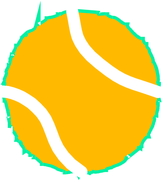The image shows a stylized tennis ball with two white lines representing strings on top of it against an orange background that resembles a racket handle.