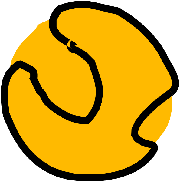 The image shows a stylized graphic of an orange tennis ball with white lines indicating its seams inside a yellow circle that resembles a target or bullseye design on top of it.