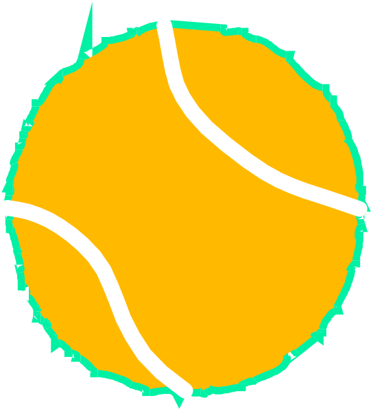 The image shows a stylized tennis ball with two white lines drawn on it to represent strings of a racket, set against an orange background that resembles a sunburst pattern.
