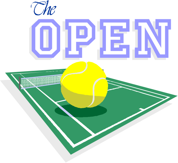 The image shows a pixelated tennis ball on top of an open book with text that reads "THE OPEN."