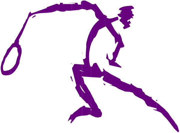 The image shows a purple silhouette of an athlete swinging what appears to be a tennis racket on a black background with white lines forming geometric shapes around it.
