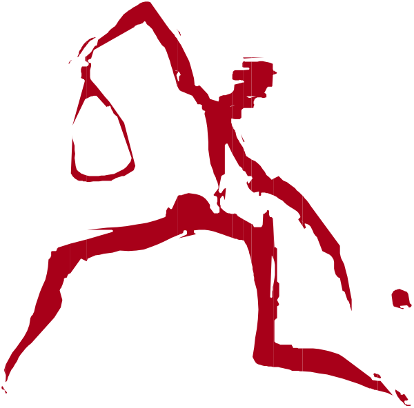 The image shows a red silhouette of an acrobat performing on top of another person's back against a black background with white highlights to define form.