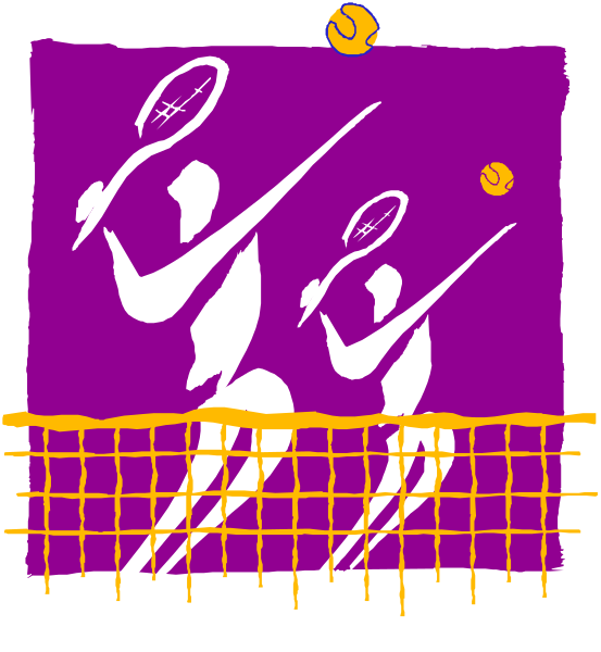 The image shows a purple banner with three silhouettes of athletes playing tennis on it against an orange background; below is another smaller picture depicting two more figures in similar attire holding rackets over their heads, suggesting motion and action within a sports context.