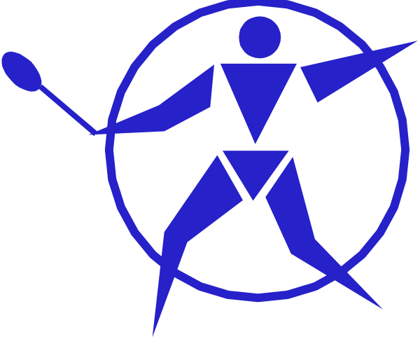 The image shows a blue logo with two stylized figures that appear to be athletes holding sports equipment: on the left is what looks like an archery bow and arrow set, while on the right there's another figure depicted in silhouette playing tennis or badminton.