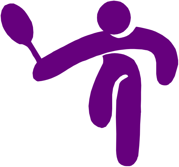 The image shows a purple silhouette of an athlete holding two tennis rackets crossed over each other against a black background with no additional details visible in this small clip-art size version.