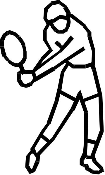 The black and white silhouette of a tennis player holding a racket on court with lines indicating movement.
