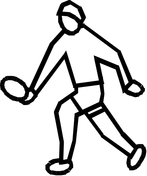 The black and white silhouette of a person playing rugby with an oval ball on their feet.