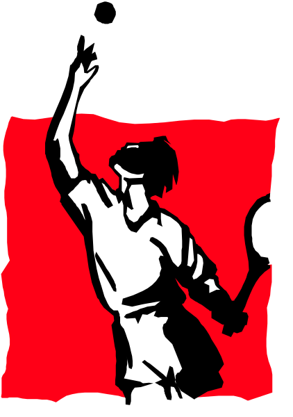 The image shows a black and white illustration of an athlete holding a tennis racket on top of what appears to be a red banner with text that is too small for me to read clearly in this resolution, set against a gray background.