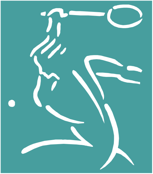 The image shows a black and white line drawing of an athlete holding what appears to be a tennis racket with both hands in front of them while standing on one leg, positioned as if ready for action; there is no background detail provided within this cropped section of the artwork.