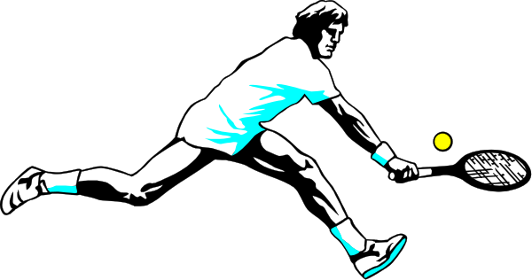 The black and white illustration shows a tennis player lunging forward to hit an incoming ball with their racket during play on a court at nighttime.
