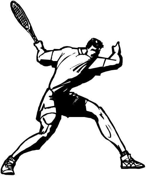 The black and white silhouette of a tennis player swinging at an incoming ball on court with racket raised high above head.