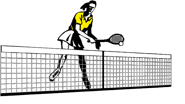 The black and white illustration shows a tennis player on court with racket poised to hit ball during game play.