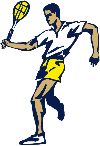 The image shows a stylized illustration of an athlete holding a tennis racket on what appears to be a court with lines indicating boundaries for play.