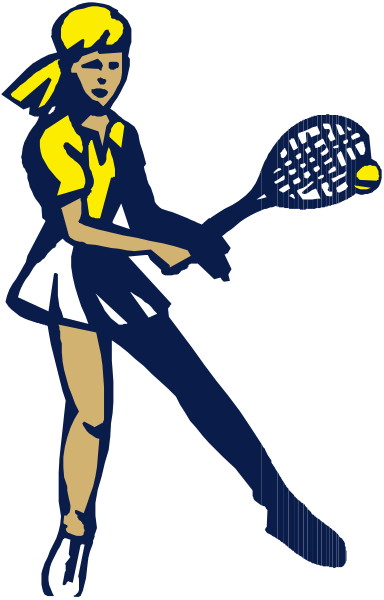 The image shows a stylized graphic of an athlete holding a tennis racket with both hands on either side at waist level while standing in front of what appears to be a ball.
