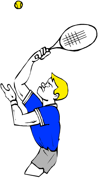 The black and white illustration shows a man playing tennis with his racket raised to hit an incoming ball on what appears to be a court surface.