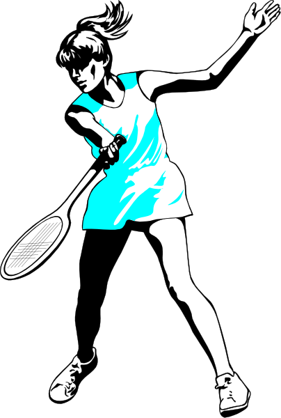 The black and white illustration shows a female tennis player holding her racket behind her head with both hands on top of it while standing in an athletic stance against a dark background.
