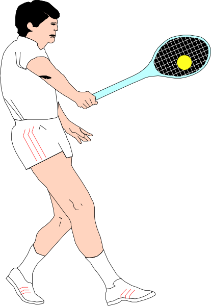 The illustration shows a male tennis player holding a racquet with both hands behind his back while preparing to serve; he is wearing white shorts and shoes, has short hair, and appears focused on hitting an incoming yellow ball that's near him in mid-air.