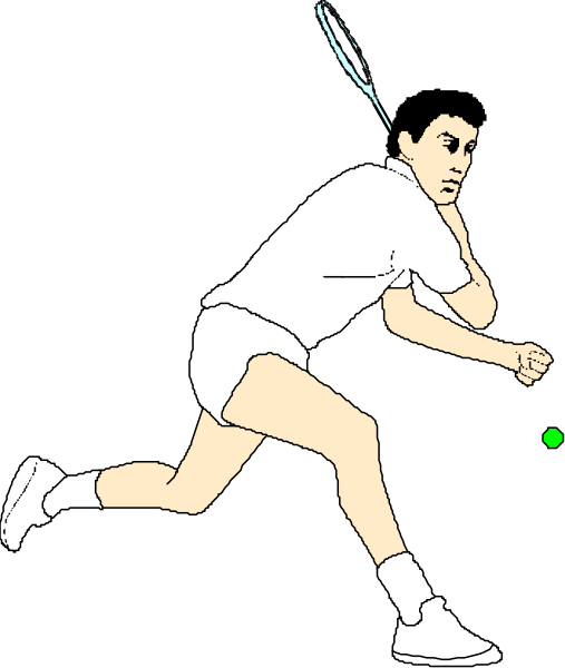 The image shows a black and white illustration of an athlete running with racket in hand towards ball on court.