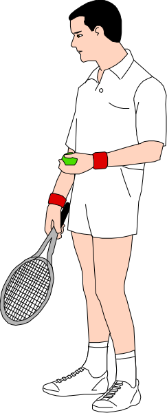 The illustration shows a man holding tennis rackets with both hands while standing on what appears to be an indoor court surface; he is wearing white shorts and shoes, along with wristbands that match his attire.