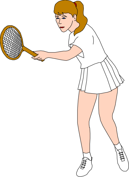 The cartoon depicts a female tennis player holding an orange racket on court with her right hand while wearing white shorts and sneakers; she has blonde hair tied back in ponytail.
