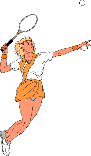 The illustration depicts a tennis player mid-action on court with racket raised to hit ball; background is plain black without any additional details.
