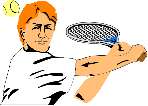 The image shows a man holding two tennis rackets while standing on top of what appears to be an advertisement for a sports product; he is wearing white clothing with red accents and has short hair.
